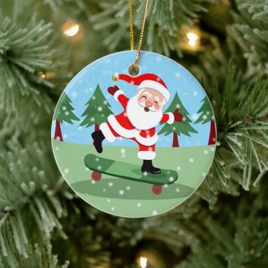 スケートボード上のサンタクロース セラミックオーナメント (ツリー)
