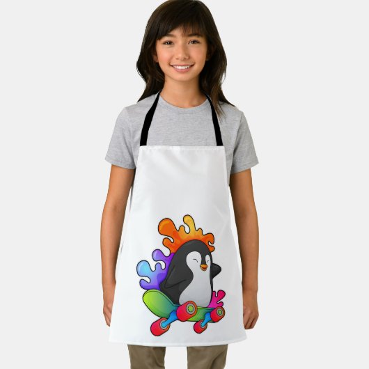 スケートボード付きスケーターとしてのペンギン エプロン (インサイチュ)