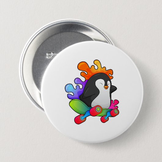 スケートボード付きスケーターとしてのペンギン 缶バッジ (正面&裏面)