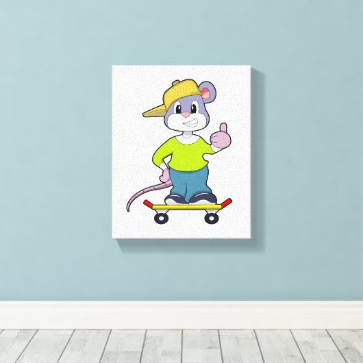 スケートボード付きスケーターとしてのマウス キャンバスプリント (インサイチュ (ウッドフロア))