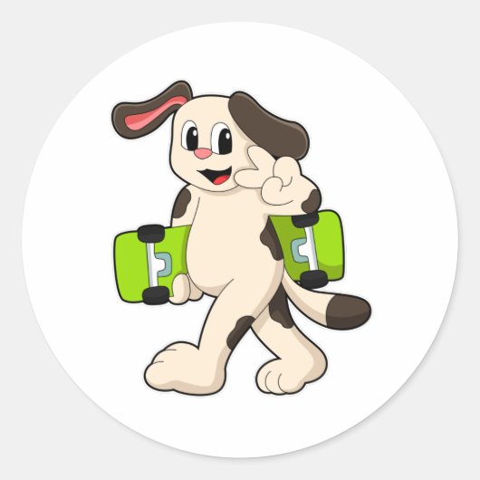 スケートボード付きスケーター犬 ラウンドシール (正面)