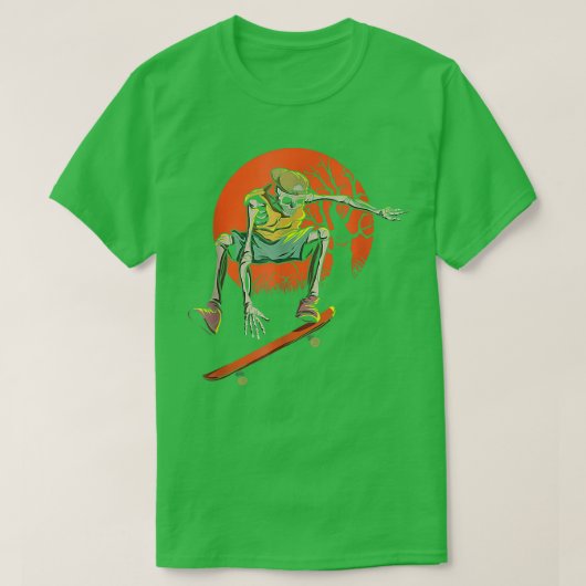 スケートボード付きハロウィーンのスケルトンスケーター Tシャツ (デザイン正面)