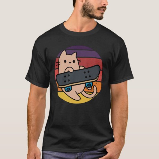 スケートボード付スケーター猫ヴィンテージサンセットTシャツ Tシャツ (正面)