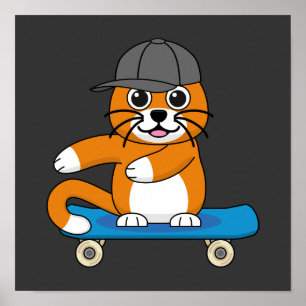 スケートボード漫画にかわいいオレンジキャット ポスター
