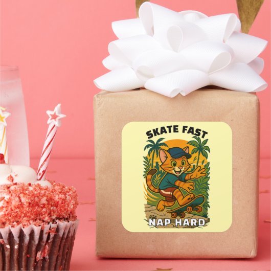 スケートボード猫 スクエアシール (パーティー)