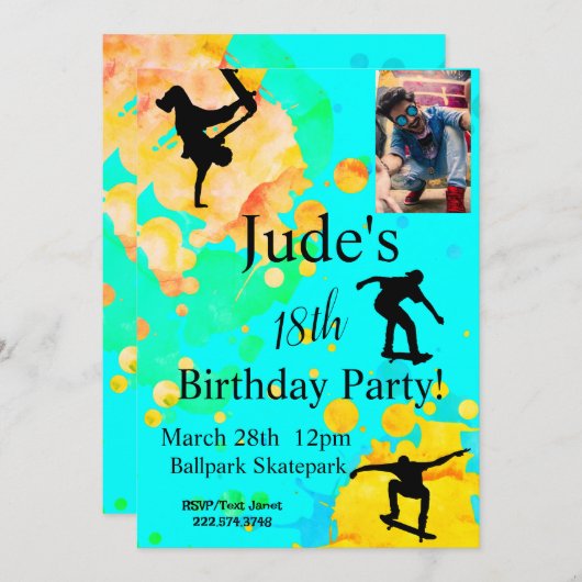 スケートボード誕生日フォト招待状任意の年齢 招待状 (正面/裏面)