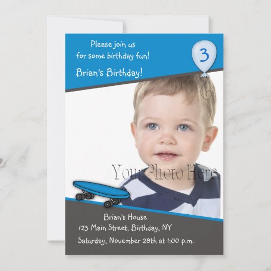 スケートボード誕生日フォト招待状 招待状 (正面)
