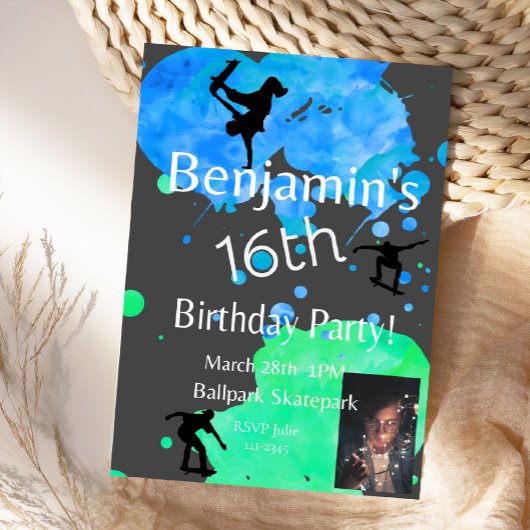 スケートボード誕生日フォト招待状, 招待状