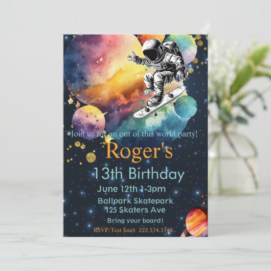 スケートボード誕生日、宇宙飛行士誕生日、宇宙 招待状 (スタンド正面)