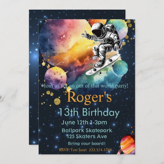 スケートボード誕生日、宇宙飛行士誕生日、宇宙 招待状 (正面/裏面)