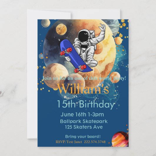 スケートボード誕生日、宇宙飛行士誕生日、宇宙 招待状 (正面)
