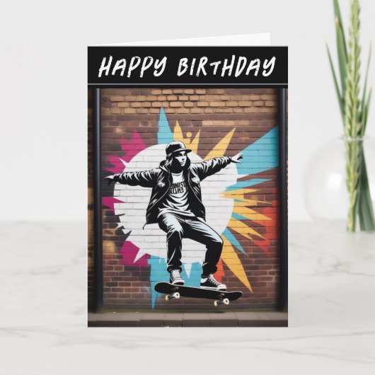 スケートボード スケーター 壁 グランジ ストリートアート 誕生日 カード (正面)