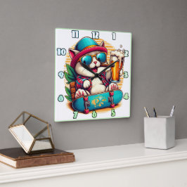 スケートボー祝ドにサングラスをつけた猫 スクエア壁時計