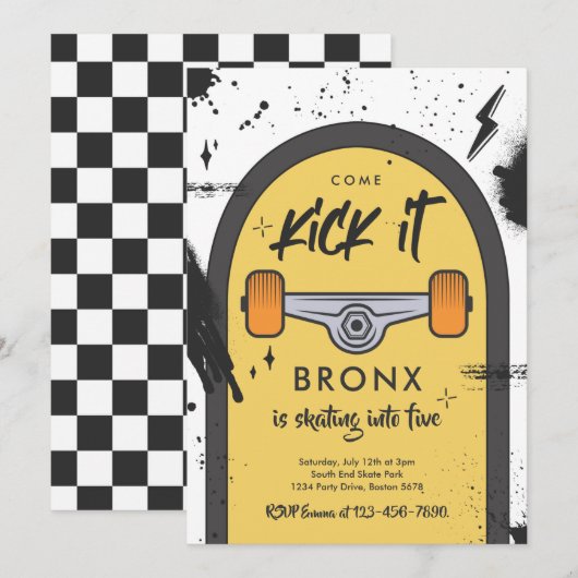 スケートボ来ードキックイットアーバンスポーツ誕生日パーティー 招待状 (正面/裏面)