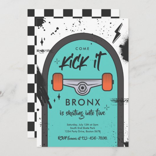 スケートボ来ードキックイットアーバンスポーツ誕生日パーティー 招待状 (正面/裏面)