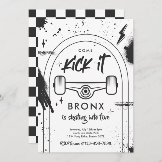スケートボ来ードキックイットアーバンスポーツ誕生日パーティー 招待状 (正面/裏面)