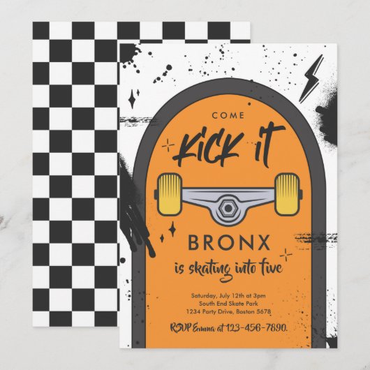 スケートボ来ードキックイットアーバンスポーツ誕生日パーティー 招待状 (正面/裏面)