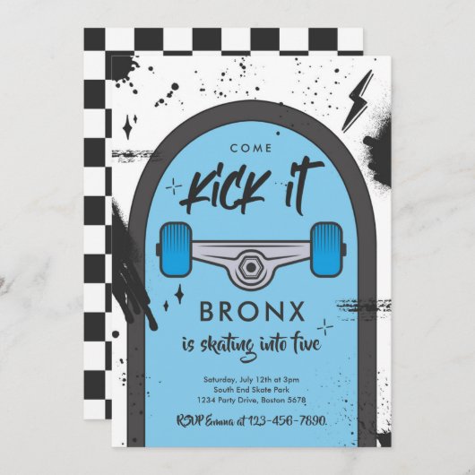 スケートボ来ードキックイットアーバンスポーツ誕生日パーティー 招待状 (正面/裏面)