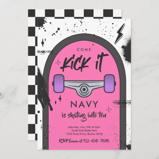 スケートボ来ードキックイットアーバンスポーツ誕生日パーティー 招待状 (正面/裏面)
