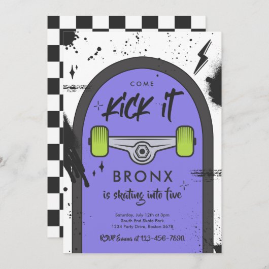 スケートボ来ードキックイットアーバンスポーツ誕生日パーティー 招待状 (正面/裏面)