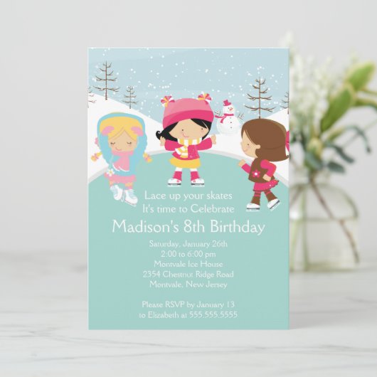スケート選手の女の子のアイススケートの誕生日のパーティの招待状 招待状 (スタンド正面)