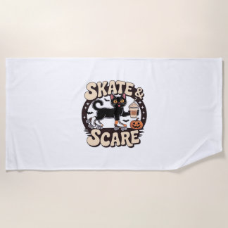 スケート&スケース – かわいい黒猫ローラースケートで滑る ビーチタオル