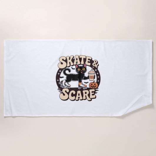 スケート&スケース – かわいい黒猫ローラースケートで滑る ビーチタオル (正面)