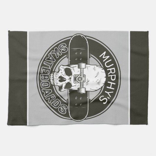 スケーパーソナライズされたター名スカルスケートボードスケート キッチンタオル (横)