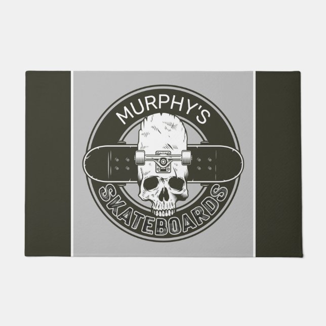 スケーパーソナライズされたター名スカルスケートボードスケート ドアマット (正面)