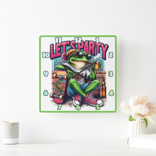 スケー祝ボードにクールカエルを乗せて スクエア壁時計 (ホーム)