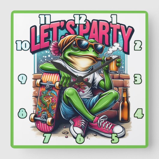 スケー祝ボードにクールカエルを乗せて スクエア壁時計 (正面)