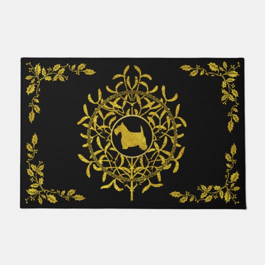 スコッチテリアのヤドリギ及びヒイラギは個人化なります ドアマット (正面)