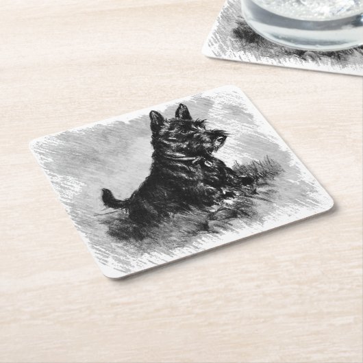 スコッチテリアの子犬の木炭スタイルのプリント スクエアペーパーコースター (アングル)
