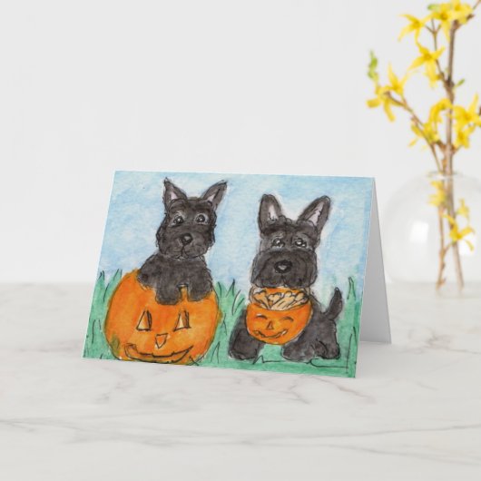 スコッチテリアはカボチャハロウィン等テリアの後をつけます カード (黄色い花)