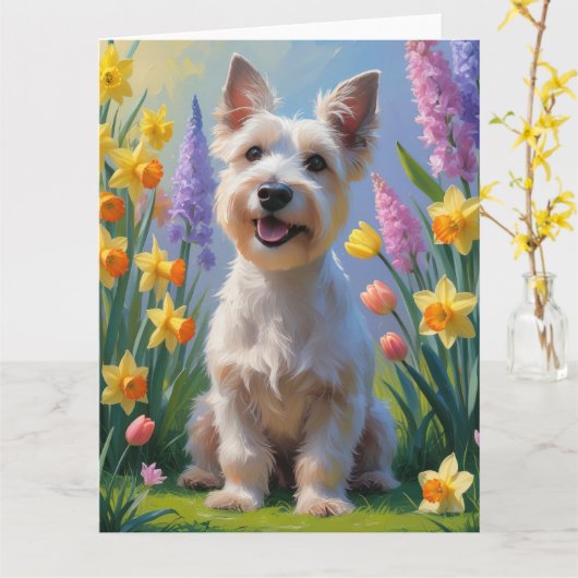 スコッチテリア犬 春の花の絵 カード (黄色い花)
