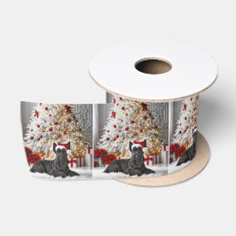 スコッチテリア クリスマスツリーの前 サテンリボン