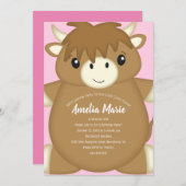 スコッチハイランドカウの誕生日パーティーピンク 招待状 (正面/裏面)