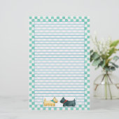 スコッツティドッグティール（緑がかった色）グリーンウォーターのカラーチェックが並ぶ 便箋 (スタンド正面)