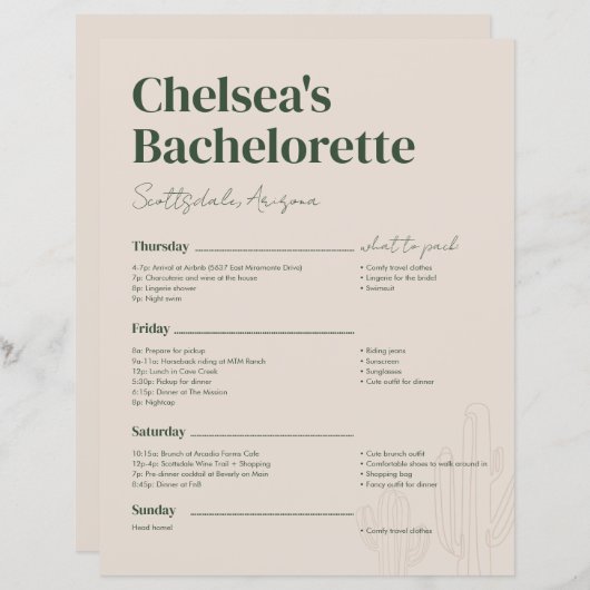 スコッツデール独身最後の週末の予定 (正面/裏面)