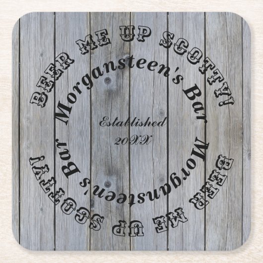 スコッティをビール！ウッドルックバーまたはマンケーブ名 スクエアペーパーコースター (正面)