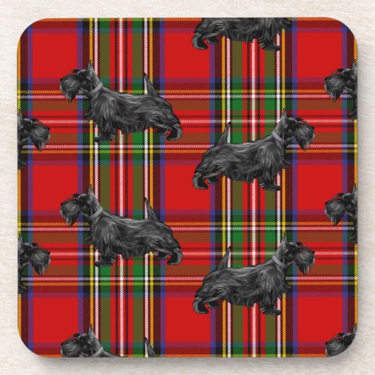 スコッティドッグオンレッドスコットランドタータンチェック コースター (正面)