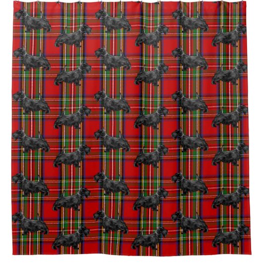 スコッティドッグオンレッドスコットランドタータンチェック シャワーカーテン (正面)