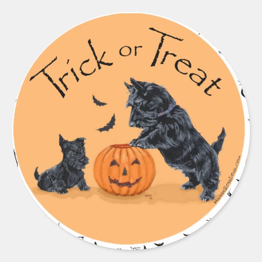 スコッティー お父さんと子犬のハロウィン ラウンドシール (正面)