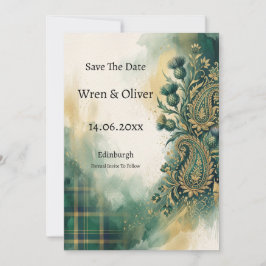 スコットランドのアザミ ゴールド ペイズリー Save The Date カード