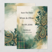スコットランドのアザミ ゴールド ペイズリー Save The Date カード (正面/裏面)