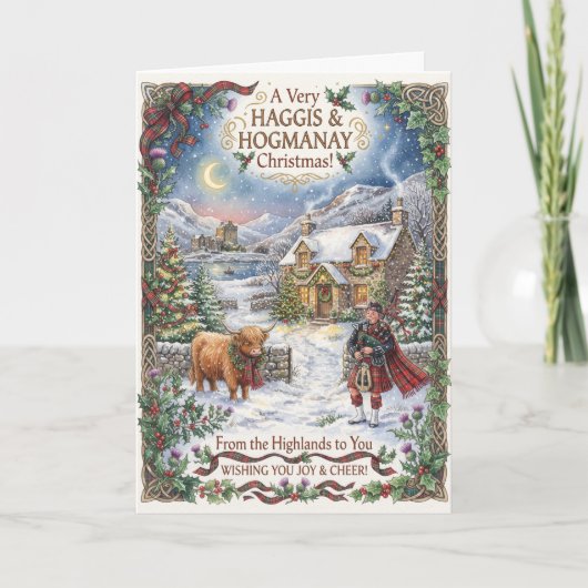 スコットランドのクリスマスの雄鹿の植物カード カード (正面)