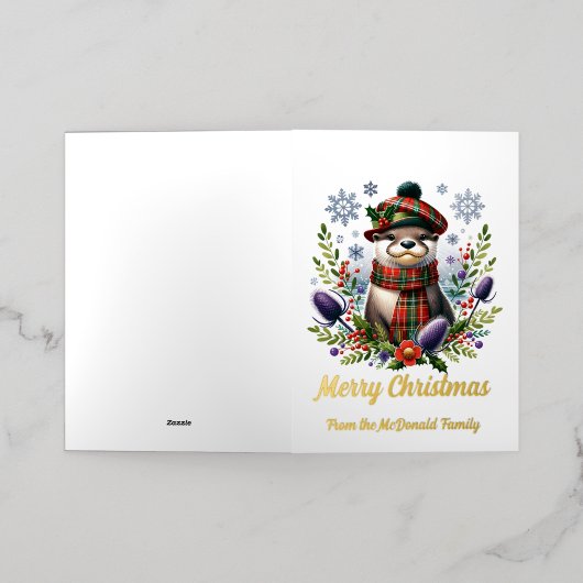 スコットランドのクリスマスオッタークリスマスとアザミ 箔グリーティングカード (外側レイダウン)