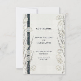 スコットランドのタータンとルナリアの結婚式のSave the Date セーブザデート