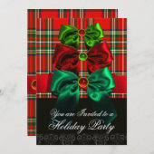 スコットランドのタータンと赤緑のリボン クリスマスパーティ 招待状 (正面/裏面)