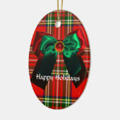 スコットランドのタータンチェックで、赤い緑のクリスマスの弓を持つ セラミックオーナメント (左)
